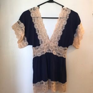 V-Neck Royal Blue & Lace Top